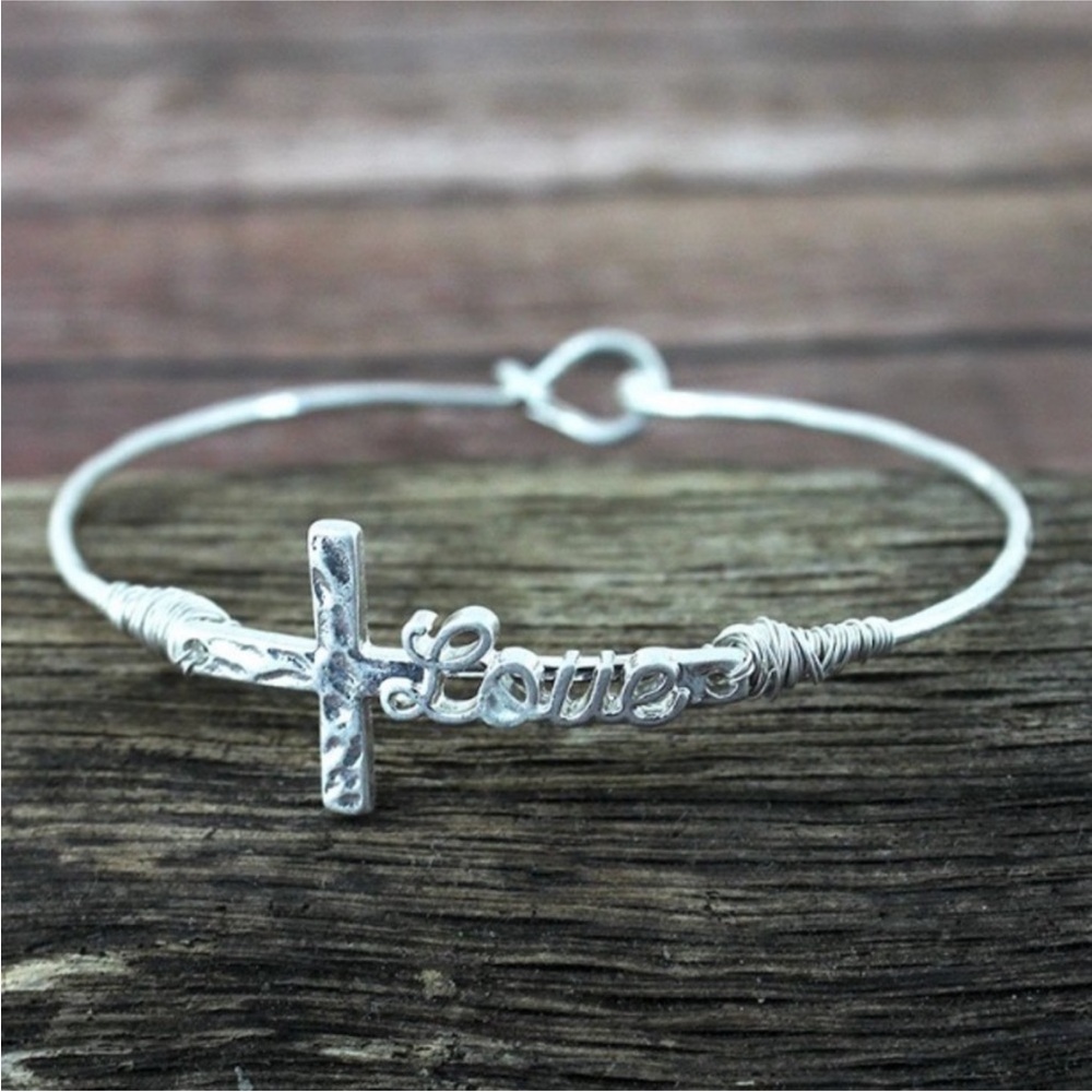 Silvertone Love Script Cross Bangle Bracelet
